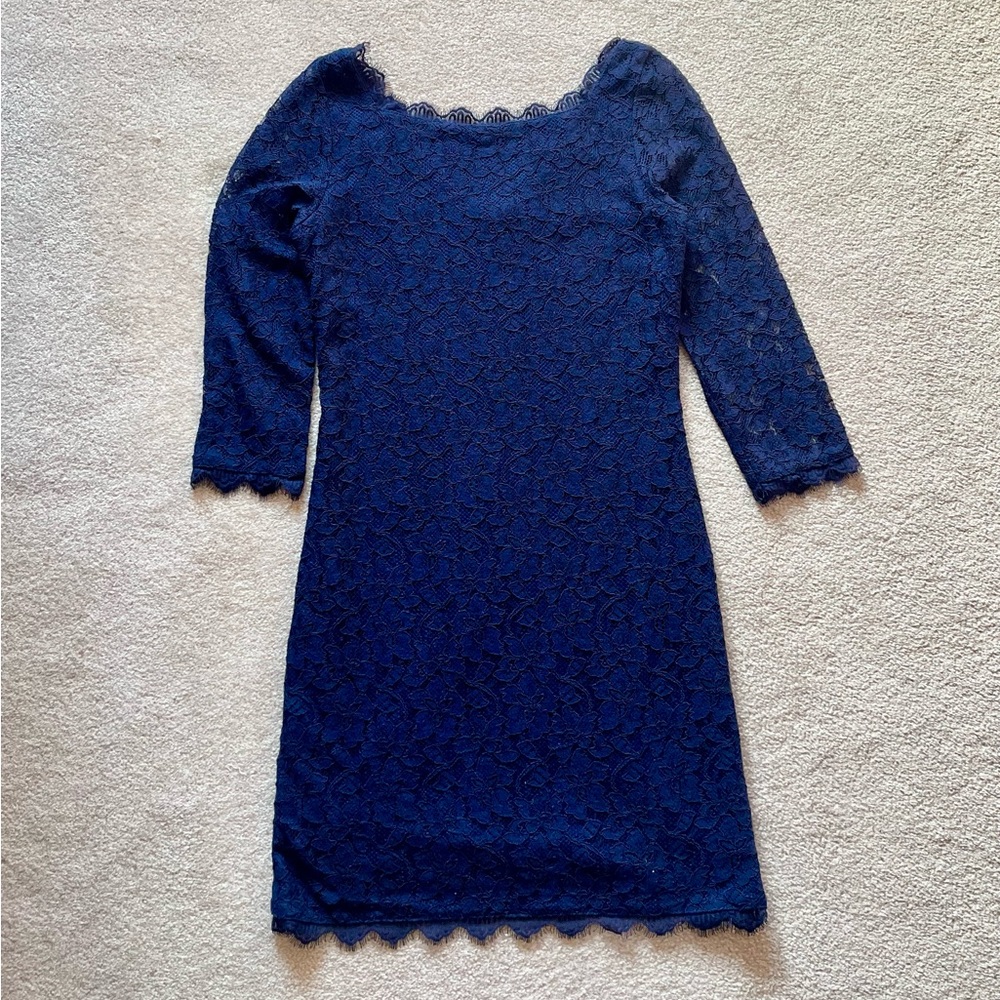 Diane Von Furstenberg Dress Women Sz 10 Navy Zarita Lace Bodycon Exposed Zipper